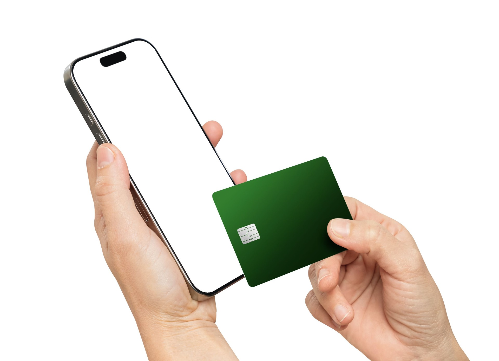 Clipping path, hand holding the black smartphone with mockup of blank screen and credit card on isolated white background.